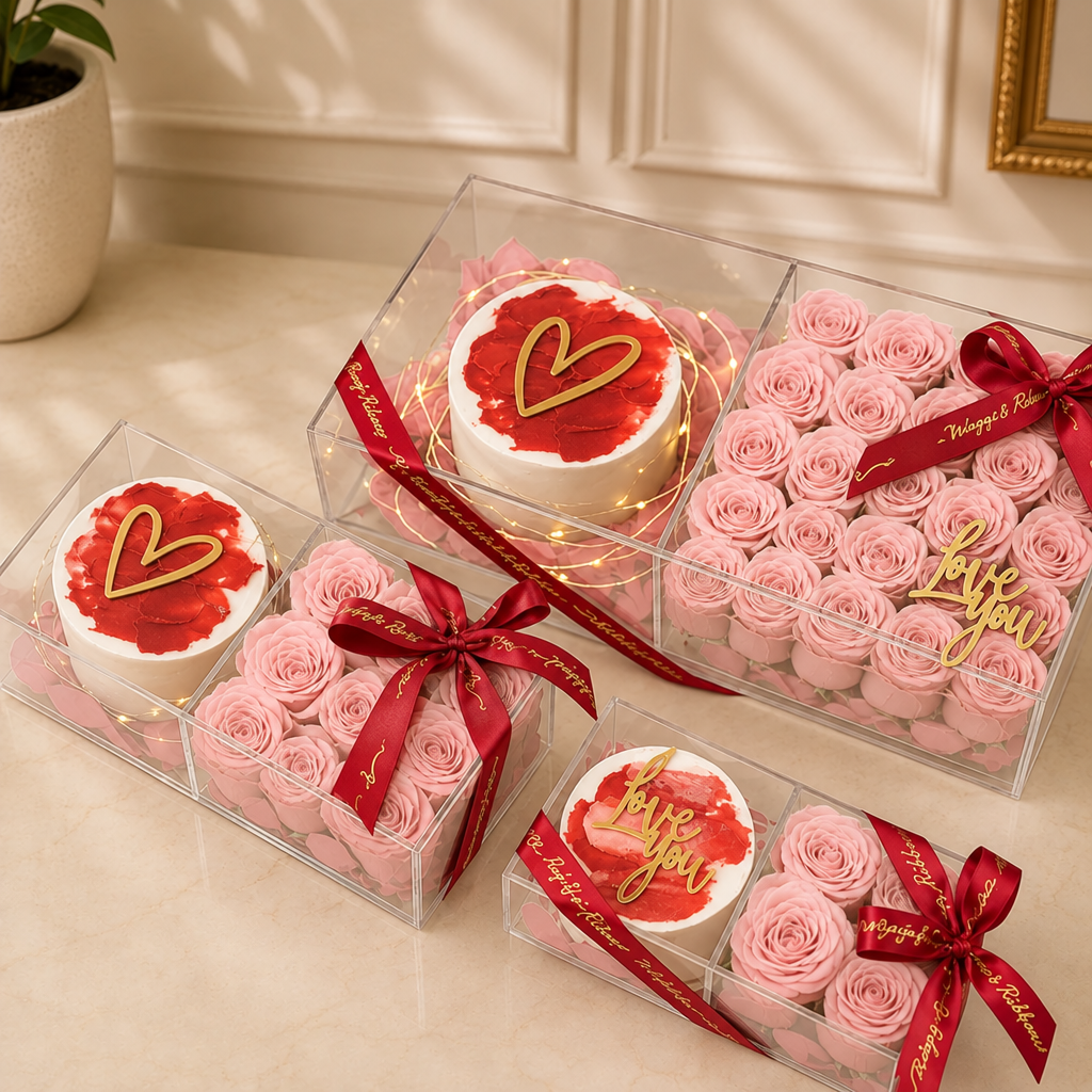 plexi boxes flowers and cake – Pink