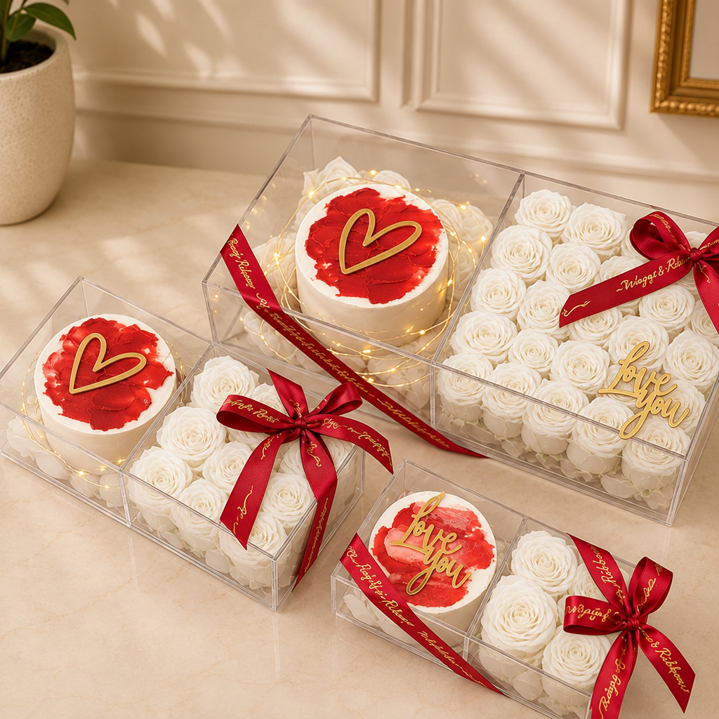 plexi boxes flowers and cake – White