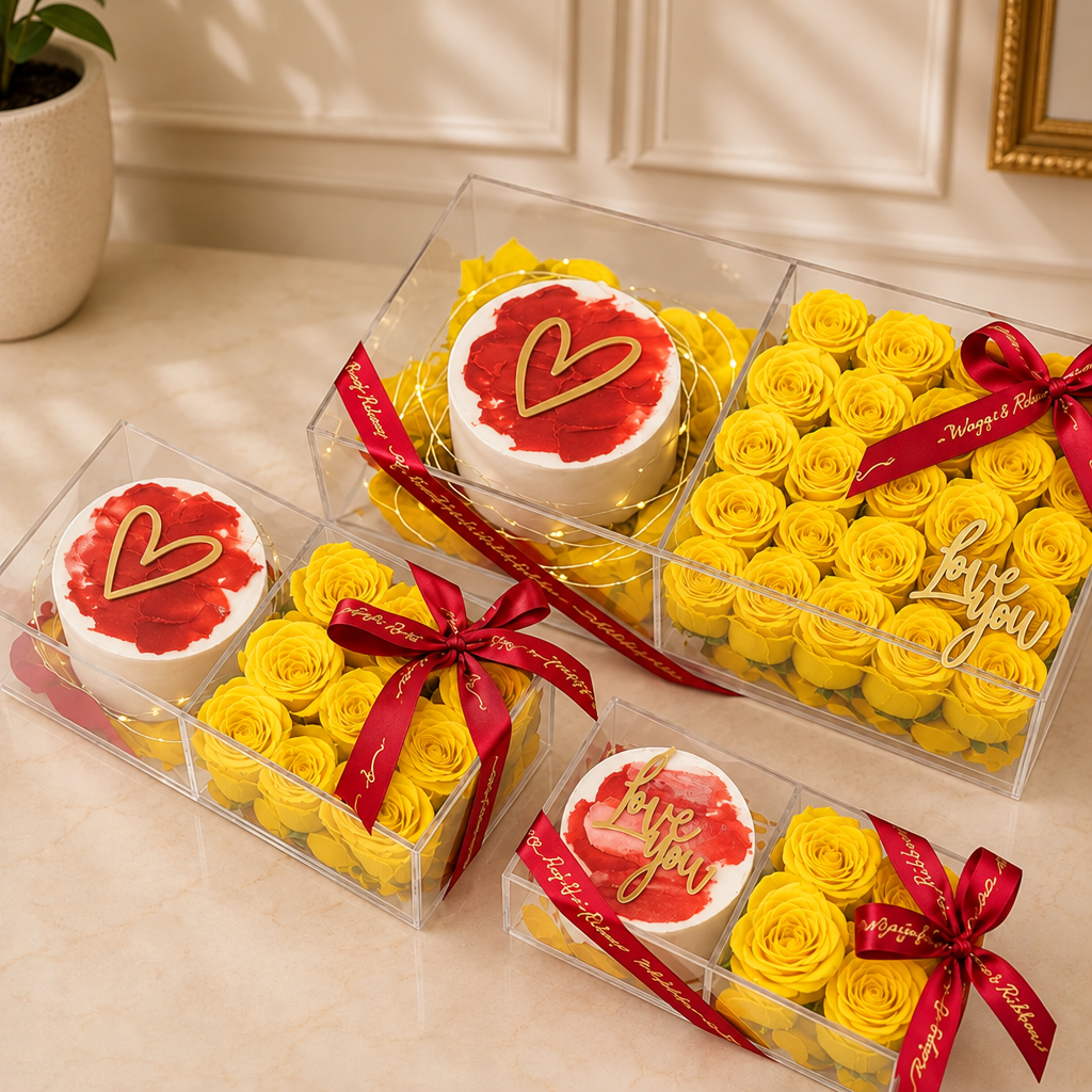 plexi boxes flowers and cake – Yellow